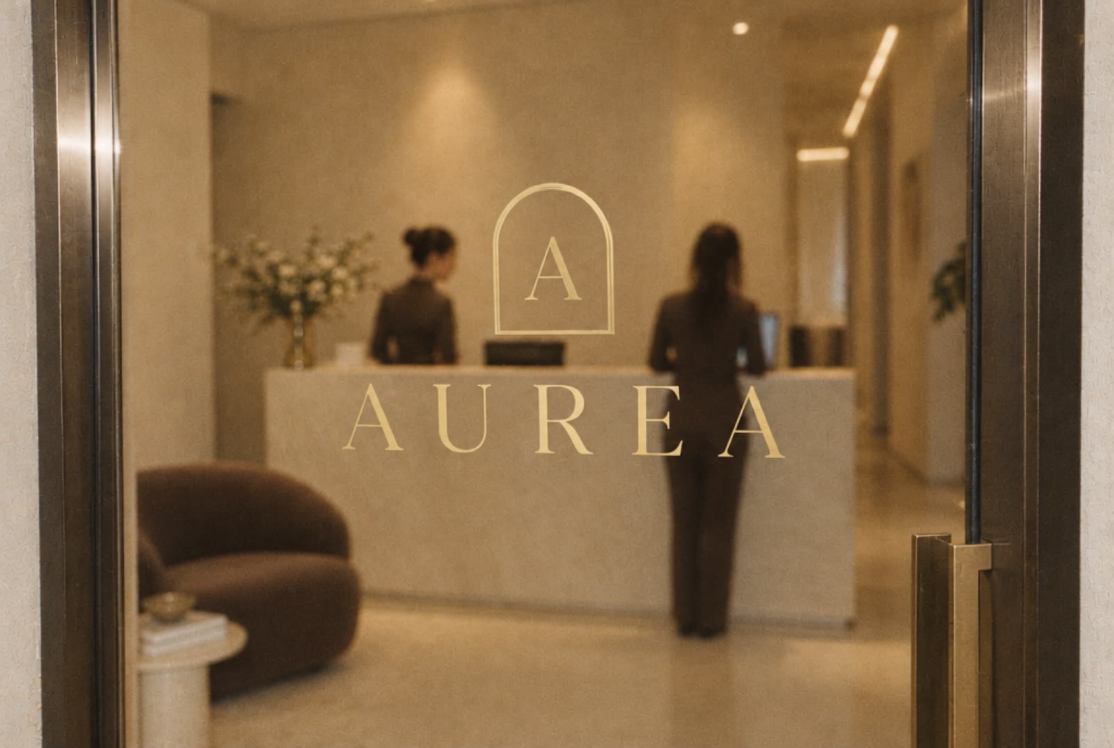 La marca en la entrada de la clínica, con el equipo trabajando al fondo